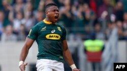 Aphiwe Dyantyi célèbre son point marqué contre l'Australie, Afrique du Sud, le 29 september 2018 
