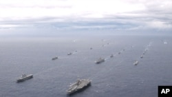 美國航空母艦“喬治華盛頓”號及日本海上自衛隊軍艦 (資料圖片)