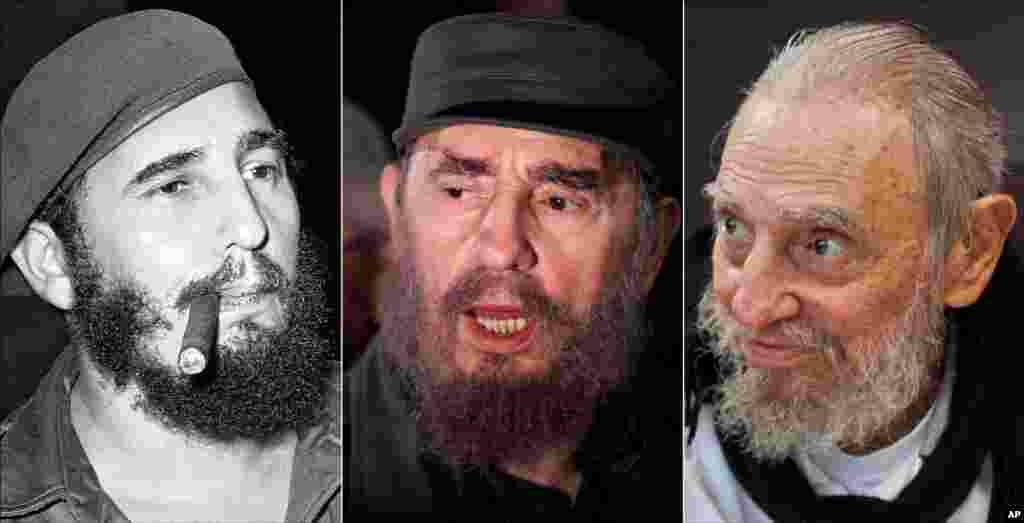 Une composition de trois photos de Fidel Castro le montrant, de gauche à droite, en train de fumer un cigare à La Havane (Cuba, le 29 avril 1961); s&#39;adressant aux médias lors d&#39;une mission pour recueillir Elian Gonzales à Washington, (D.C. le 6 avril 2000); et à sa résidence à La Havane le 13 février 2016.