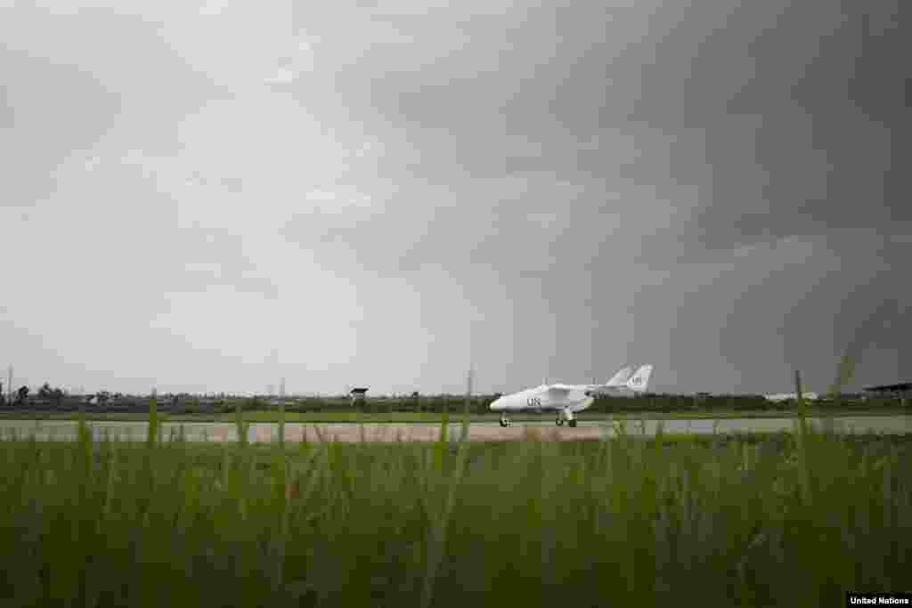 A MONUSCO (United Nations Organization Stabilization Mission) drone on an airport runway during an official launch ceremony, Dec. 3, 2013.
