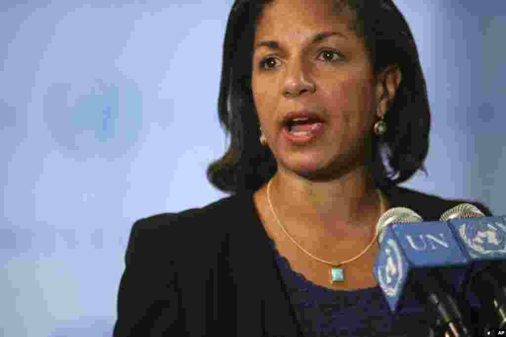U.S. ambassador to the United Nations Susan Rice speaks to reporters after a Security Council consultation on the situation in Iran, New York, May 18, 2010.