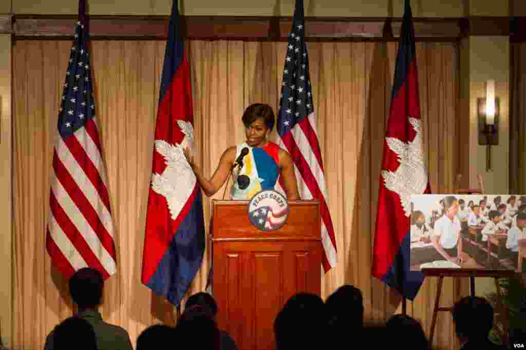 Michelle Obama delivers a speech to Peace Corps voluteers at a hotel in Siem Reap, March 21, 2015.