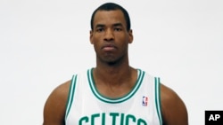 Boston Celtics' Jason Collins poses during Celtics NBA basketball media day at the team's training facility in Waltham, Mass., Sept. 28. 2012.