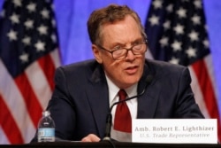 FILE - U.S. Trade Representative Robert Lighthizer speaks during a news conference in Washington, Aug. 16, 2017.