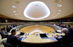 FILE - A general view at the start of a round of post-Brexit trade deal talks between the EU and the United Kingdom, in Brussels, Belgium, June 29, 2020.