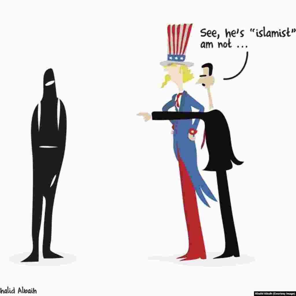 Sur cette caricature de l'artiste soudanais Khalid Albaih, le président syrien Bachar al-Assad est montrée en train d'essayer de convaincre les États-Unis qu'il ne est pas un islamiste.