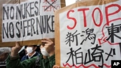 Protesters oppose nuclear power generation, as radiation has been spewing from Tokyo Electric Power Company's Fukushima Dai-ichi nuclear power plant, leaking into the air, ground and sea, Tokyo, Japan, April 3, 2011
