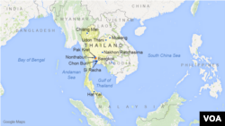 Ramani ya Thailand ikionyesha maeneo ya miji mikubwa ya nchi hiyo.