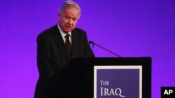 Sir John Chilcot presents the Iraq Inquiry Report at the Queen Elizabeth II Centre in London, July 6, 2016.