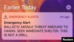 FILE - A screen capture from a Twitter account shows the missile warning issued for Hawaii, Jan. 13, 2018, in this picture obtained from social media. The warning was a mistake.