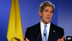 U.S. Secretary of State John Kerry speaks during a joint news conference at the Presidential Palace in Bogota, Colombia, Aug. 12, 2013. 