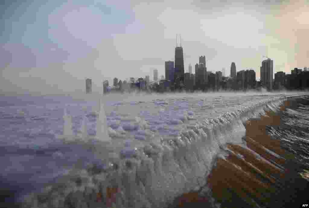 Ice builds up along Lake Michigan at North Avenue Beach as temperatures dipped well below zero in Chicago, Illinois.