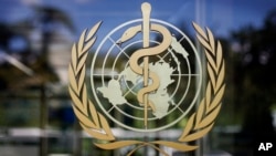 FILE - The logo of the World Health Organization is seen at the WHO headquarters in Geneva, Switzerland.
