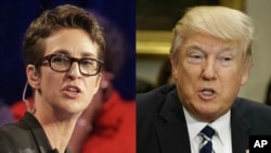 MSNBC TV-show host Rachel Maddow reveals, March 14, 2017, what she said were two pages of President Donald Trump's 2005 tax forms and credited David Cay Johnston as the source of the information. 