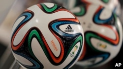 The adidas logo is printed on "Brazuca", the official FIFA World Cup 2014 soccer ball.