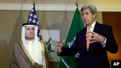 U.S. Secretary of State John Kerry, right, speaks to reporters with Saudi Foreign Minister Adel al-Jubeir, left, during a meeting on Syria in Geneva, Switzerland, May 2, 2016. (Denis Balibouse/Pool Photo via AP)
