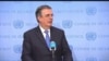 El canciller de México, Marcelo Ebrard, habla a la prensa antes del debate sobre tráfico de armas en Naciones Unidas el 22 de noviembre de 2021. Foto tomada de video.