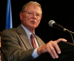 FILE - Sen. Jim Inhofe, R-Okla. gives a victory speech at the Republican watch party in Oklahoma City, Nov. 4, 2014.