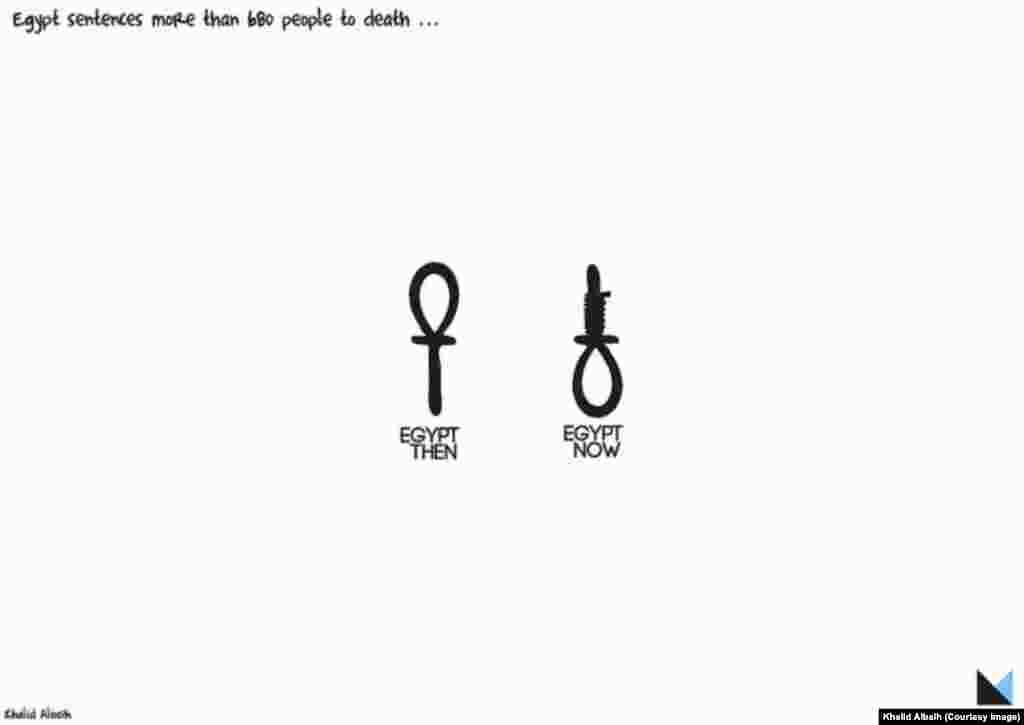 Une caricature de l'artiste soudanais Khalid Albaih juxtapose l'ancien hiéroglyphe égyptien ankh, qui signifie «vie», avec un nœud coulant.