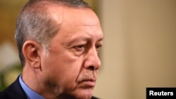 FILE - Turkish President Tayyip Erdogan is seen at The Peninsula hotel on the sidelines of the United Nations General Assembly in Manhattan, New York, U.S. Sept. 21, 2017.