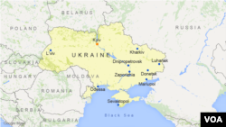 Peta Ukraina yang menampilkan kota-kota Kiev, Donetsk, Luhansk, Odessa, Sevastopol, Mariupol, Kharkiv, Dnipropetrovsk, Zaporizhia dan L'viv