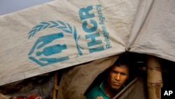 Soerang pria Muslim Rohingya melihat keluar dari tendanya di kamp pengungsi Balukhali, sekitar 50 km dari Cox's Bazar, Bangladesh, 14 Januari 2018.