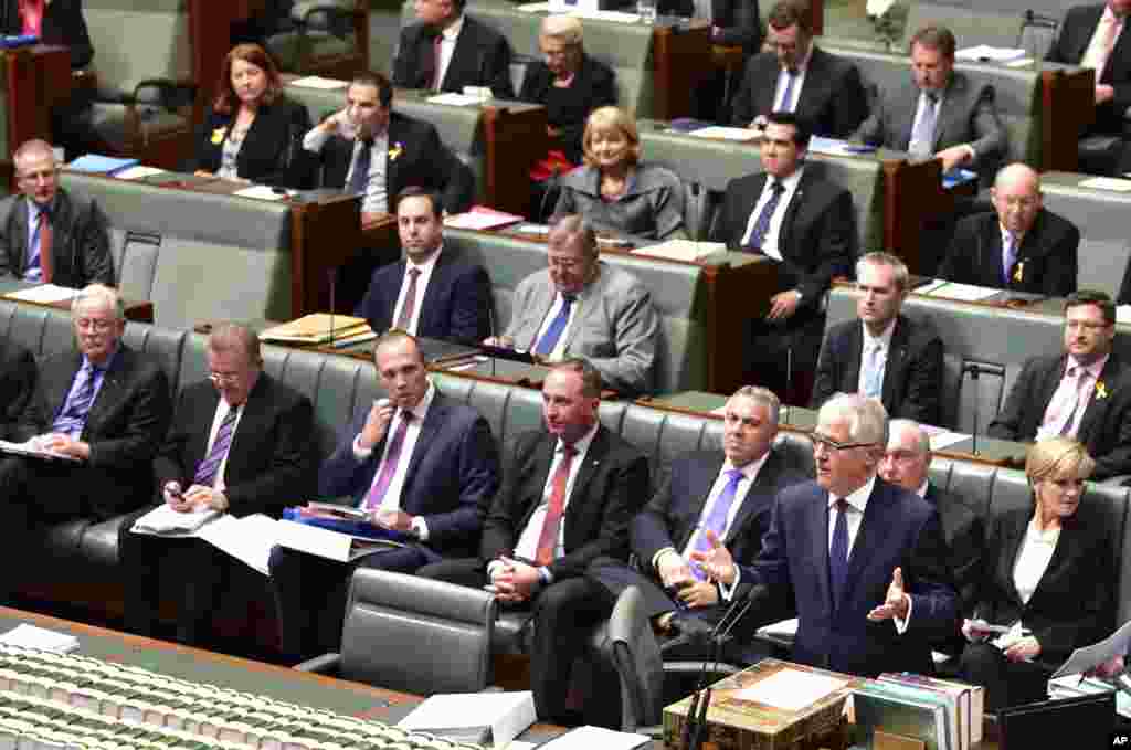 Malcolm Turnbull (bottom right) makes an address at Parliament after he was sworn in as prime minister in Canberra, Sept. 15, 2015. 