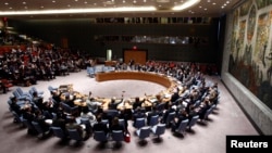 Members of the Security Council vote on a resolution drafted by Australia, which lost 28 citizens in a Malaysian passerger plane crash in Ukraine, during meeting at United Nations headquarters in New York, July 21, 2014. 