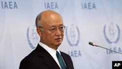 6일 국제원자력기구 IAEA의 아마노 유키야 사무총장이 오스트리아 빈에서 열린 상반기 이사회 회의 후 기자회견을 하고 있다.