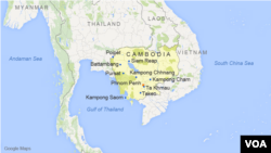 Peta wilayah Kamboja, dengan beberapa kota terkenal di kawasan tersebut, termasuk Phnom Penh, Siem Reap, Kampong Cham dan Kampong Saom. 