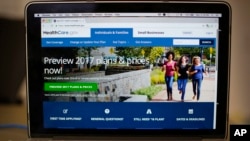 FILE - The HealthCare.gov home page is seen on a laptop in Washington, D.C. Oct. 24, 2016. It is the which American's sign up for the Affordable Care Act, known as Obamacare, a healthcare program President-elect Donald Trump has vowed to repeal.