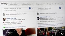 FILE - Political ads displayed on Facebook are seen on a computer screen in New York City, Oct. 31, 2019.