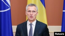 NATO Secretary-General Jens Stoltenberg speaks during a news conference following the talks with Ukrainian President Volodymyr Zelenskiy in Kiev, Ukraine October 31, 2019. (REUTERS/Gleb Garanich)