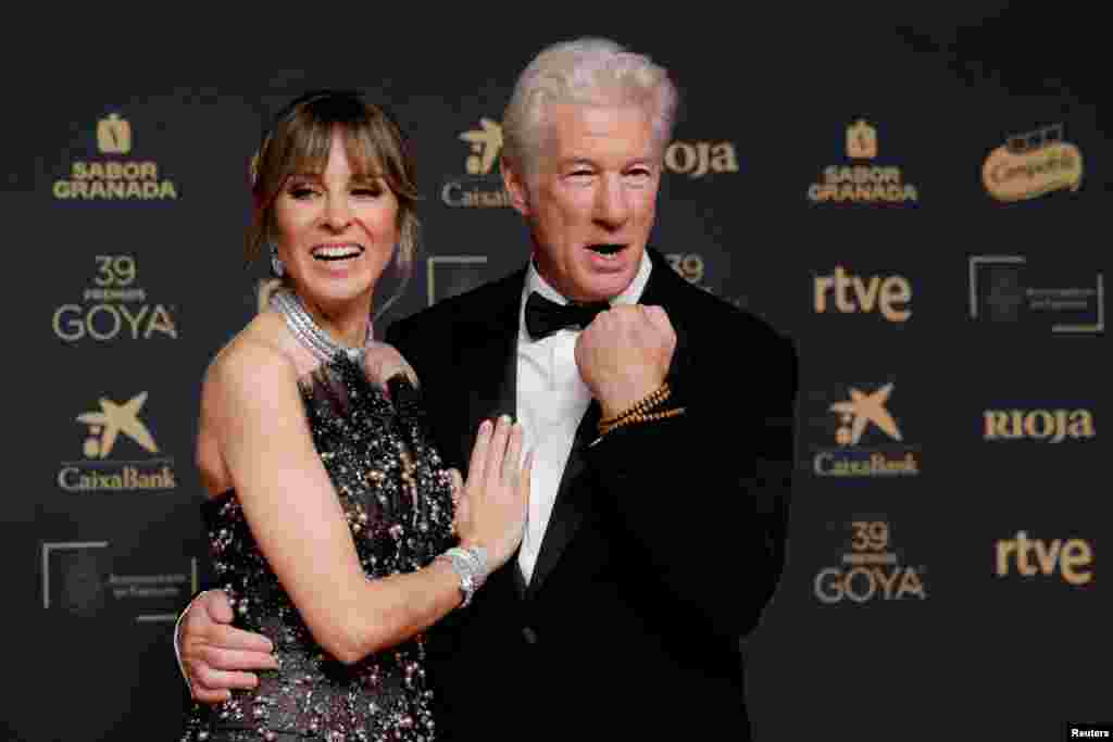 American actor Richard Gere and his wife Alejandra Silva pose on the red carpet at the Spanish Film Academy's Goya Awards ceremony in Granada, Spain, Feb. 8, 2025.