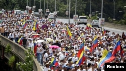 Pendukung oposisi ikut pawai menuntut referendum untuk memberhentikan Presiden Venezuela Nicolas Maduro di Caracas, 22 Oktober 2016. 
