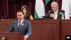 Head of the bid of Budapest for hosting the 2024 Summer Olympic Games Balazs Furjes addresses the General Assembly of the City of Budapest, Hungary, Feb. 22, 2017.