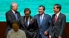 Leaders of Association of Southeast Asian Nations (ASEAN) from left, Malaysian Prime Minister Najib Razak, Sultan of Brunei Hassanal Bolkiah, Cambodian Prime Minister Hun Sen, and Indonesian President Joko Widodo walk back to their seats after posing for a group photo during the opening ceremony of the 25th ASEAN summit at Myanmar International Convention Center in Naypyitaw, Myanmar, Wednesday, Nov. 12, 2014.(AP Photo/Gemunu Amarasinghe)