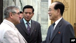 Kim Yong-nam (R), president of the Presidium of the Supreme People's Assembly of N. Korea, shakes hands with Jean-Claude Frecon, who is leading the delegation of the French group, at the Mansudae Assembly Hall in Pyongyang June 3, 2011, in this picture re