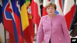 German Chancellor Angela Merkel arrives for an EU summit at the Europa building in Brussels on Thursday, March 9, 2017. 