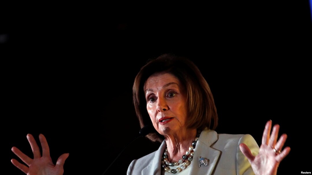 FILE - U.S. House Speaker Nancy Pelosi (D-CA) addresses the audience during the Democratic National Committee's (DNC) 2019 Women's Leadership Forum in Washington, Oct. 17, 2019. 