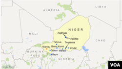 Map of Niger, featuring the cities of Niamey, Zinder, Maradi, Agadez, Alaghsas, Tahoua, Dosso, Birnin Konni, Tessaoua, and Gaya.