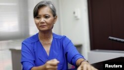 Mu Sochua, Deputy President of the Cambodia National Rescue Party (CNRP) listens during an interview with Reuters at an undisclosed location, Oct. 4, 2017. 