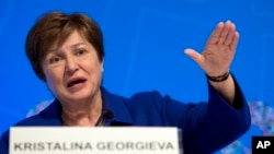 國際貨幣基金組織總裁格奧爾基耶娃（Kristalina Georgieva）在IMF年會期間發言（2019年10月19日）。