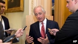 Senate Foreign Relations Committee Chairman Bob Corker, R-Tenn., talks with reporters on Capitol Hill in Washington, Oct. 20, 2015. 