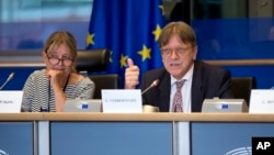 Le coordonnateur du parlement européen sur le Brexit, Guy Verhofstadt, lors d’une réunion à Bruxelles, Belgique, 30 août 2017.