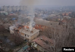 A general view shows buildings damaged by a Russian military strike in Bakhmut