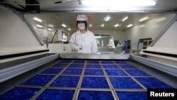 An employee dries newly made solar panels at a factory of a photovoltaic company in Jiaxing, Zhejiang province, June 5, 2013.