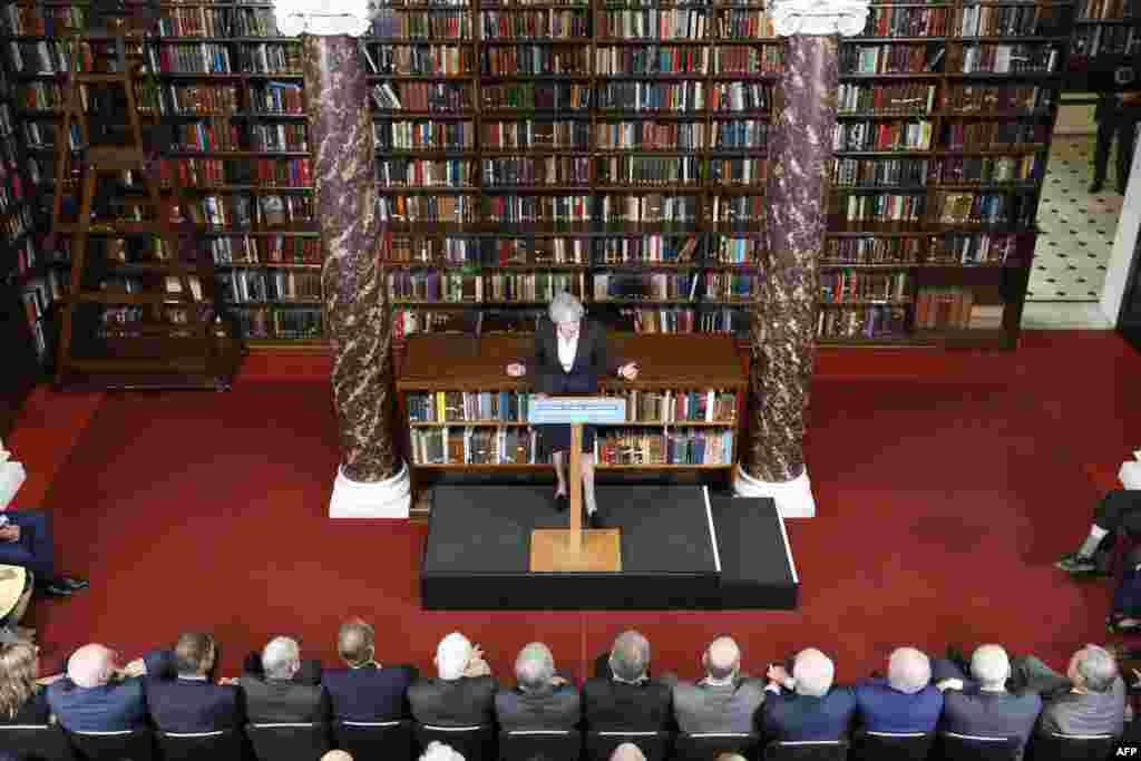 Britain's Prime Minister and leader of the Conservative Party Theresa May gives a general election campaign speech at Rusi in central London.