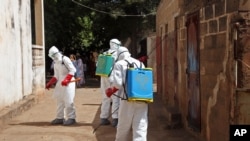 FILE - Health workers spray disinfectant around a mosque in Bamako, Mali, Nov. 14, 2014