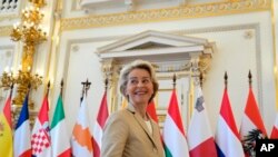 European Commission President Ursula von der Leyen arrives for a round table meeting at an EU Summit in Prague, Czech Republic, on Oct 7, 2022. (AP Photo/Petr David Josek, File)